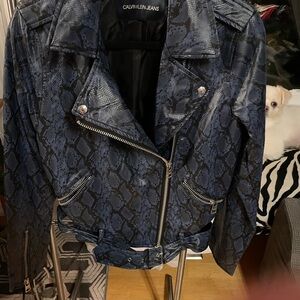 Calvin Klein Jeans New Indigo Blue Faux Leather Python-Print Moto Jacket